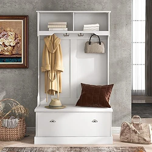 Hall Tree With Bench And Shoe Storage, Entryway Bench With Coat Rack, 24 Shoe Cubby, White 13 Hall Tree With Bench And Shoe Storage, Entryway Bench With Coat Rack, 24 Shoe Cubby, White - Image 13