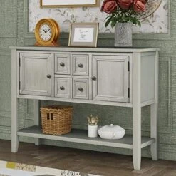 Merax Farmhouse Rustic Wood Buffet Dining Sideboard Storage Cabinet, Console Table With 4 Small Drawers, 2 Cabinet And Bottom Shelf, Antique Grey -Safavieh Furniture 51zY2s6Gg1L. AC