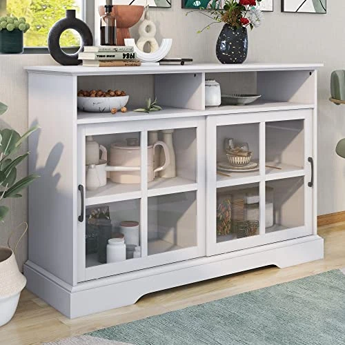 LUMISOL Kitchen Buffet Sideboard With 2 Glass Sliding Doors And Adjustable Shelves, Console Table Storage Cabinet For Dining Room Living Room, Antique White 2 LUMISOL Kitchen Buffet Sideboard With 2 Glass Sliding Doors And Adjustable Shelves, Console Table Storage Cabinet For Dining Room Living Room, Antique White - Image 2