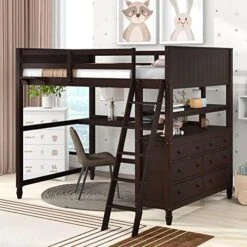 Harper & Bright Designs Full Loft Bed With Desk And 3 Drawers, Solid Wood Full Size Loft Bed Frame With 2 Tier Shelves And Angled Ladder For Kids Teens Boys Girls, No Box Spring Needed (White) -Safavieh Furniture 51ziRCoWi8L. AC