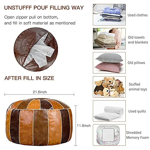 Bohepuffex Handmade Moroccan Pouf Foot Stool Round & Large Storage Cover Bohemian Style Ottoman An Exotic Décor For Living Room Bedroom Or Wedding Gifts Faux Leather Unstuffed Only Cover (color Block) 2 Bohepuffex Handmade Moroccan Pouf Foot Stool Round & Large Storage Cover Bohemian Style Ottoman An Exotic Décor For Living Room Bedroom Or Wedding Gifts Faux Leather Unstuffed Only Cover (color Block) - Image 2