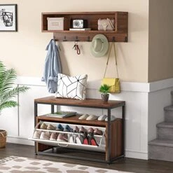 Tribesigns Coat Rack Shoe Bench Set, Hall Tree With Shoe Bench, Rustic Shoe Storage Bench With Flip Drawer, Storage Cubbies, 7 Hooks For Entryway, Hallway, White/Rustic Brown