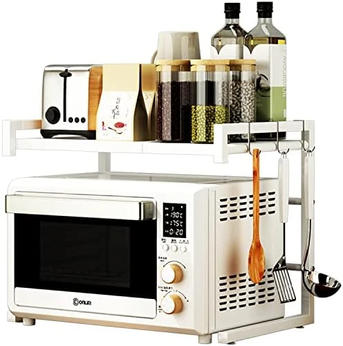 PUSDON Microwave Oven Rack, Adjustable Shelf With Hooks & 100lbs Capacity, 2-Tier Organizer For Kitchen Counter In Black-Microparticles 10 PUSDON Microwave Oven Rack, Adjustable Shelf With Hooks & 100lbs Capacity, 2-Tier Organizer For Kitchen Counter In Black-Microparticles - Image 10