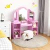 Nightcore, White Kids Vanity 4 Storage Shelves, 2 Folding Mirrors, 2-in-1 Makeup Dressing Table For Baby Girls (Pink)