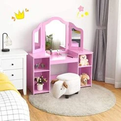 Nightcore, White Kids Vanity 4 Storage Shelves, 2 Folding Mirrors, 2-in-1 Makeup Dressing Table For Baby Girls (Pink)