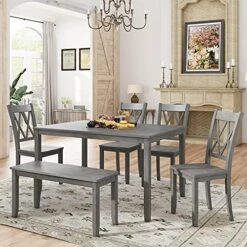 RUNWON Farmhouse 5-Piece Round Table Set With Trestle Legs And 4 Upholstered Dining Chairs-Rustic Furniture, Gray -Safavieh Furniture 51zwm6oM8SS. AC 1