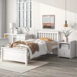Twin Bed Frame With A Nightstand Wood Platform Bed With Headboard For Boys, Girls, Kids, Teens, No Box Spring Needed, White