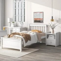 MOEO Twin Wood Bed Frame With Nightstand, Headboard And Footboard, For Kids, Bedroom Furniture, Home, No Spring Box Required & Easy Assembly, White 22 MOEO Twin Wood Bed Frame With Nightstand, Headboard And Footboard, For Kids, Bedroom Furniture, Home, No Spring Box Required & Easy Assembly, White -Safavieh Furniture 51zzEDkDeUL. AC 1