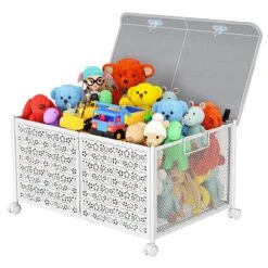 BestAlice 2 Pack Toy Storage Toy Box Organizer, Large Toy Box Chest With Lid, Foldable Metal Toy Organizers And Storage Bins With Wheels, Toy Box For Boys And Girls, Bedroom Playroom (White)