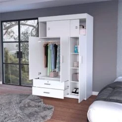 FM FURNITURE Jakarta Armoire, With Two Drawers, Three Large Cabinet, Spacious And Modern. For Bedroom