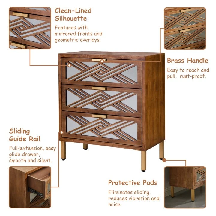 3-Drawer Accent Dresser With Mirror Fronts, Modern Farmhouse Accent Chest Clean-Lined Silhouette 2 3-Drawer Accent Dresser With Mirror Fronts, Modern Farmhouse Accent Chest Clean-Lined Silhouette - Image 2