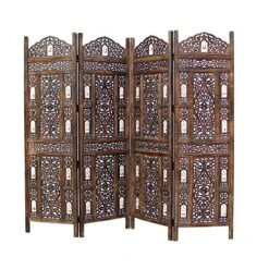 Oom Divider Wood Screen - Ghanti Bells Antique Brown - 4 Panel Folding 72 X 80 - Assembled Hand Carved Decorative Functional Versatile Portable Partition Reversible Privacy Boho - COTTON CRAFT