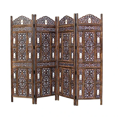 Oom Divider Wood Screen - Ghanti Bells Antique Brown - 4 Panel Folding 72 X 80 - Assembled Hand Carved Decorative Functional Versatile Portable Partition Reversible Privacy Boho - COTTON CRAFT 1 Oom Divider Wood Screen - Ghanti Bells Antique Brown - 4 Panel Folding 72 X 80 - Assembled Hand Carved Decorative Functional Versatile Portable Partition Reversible Privacy Boho - COTTON CRAFT