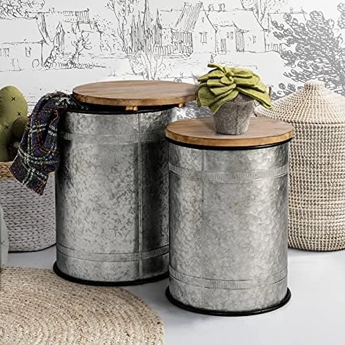 Oneinmil Rustic Storage Bins Farmhouse End Table Farmhouse Furniture Galvanized Metal Stool Ottoman Seat With Round Wood Lid Set Of 2 6 Oneinmil Rustic Storage Bins Farmhouse End Table Farmhouse Furniture Galvanized Metal Stool Ottoman Seat With Round Wood Lid Set Of 2 - Image 6