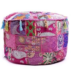Aakriti Gallery Indian Pouf Footstool Ethnic Embroidered Pouf Cover, Indian Cotton Round Pouffe Ottoman Pouf Cover Pillow Ethnic Decor Art - Cover Only (Pink, 18x13)