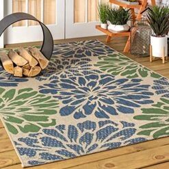 JONATHAN Y SMB110B-8 Zinnia Modern Floral Textured Weave Indoor Outdoor Area-Rug Bohemian Coastal Easy-Cleaning Bedroom Kitchen Backyard Patio Non Shedding, 8 X 10, Navy/Green -Safavieh Furniture 61GGZkQyXoL