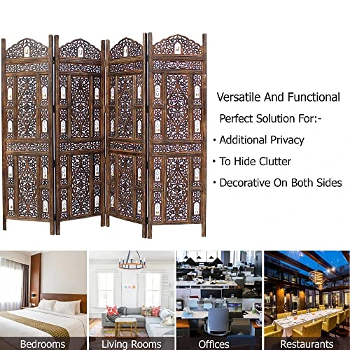 Oom Divider Wood Screen - Ghanti Bells Antique Brown - 4 Panel Folding 72 X 80 - Assembled Hand Carved Decorative Functional Versatile Portable Partition Reversible Privacy Boho - COTTON CRAFT 5 Oom Divider Wood Screen - Ghanti Bells Antique Brown - 4 Panel Folding 72 X 80 - Assembled Hand Carved Decorative Functional Versatile Portable Partition Reversible Privacy Boho - COTTON CRAFT - Image 5