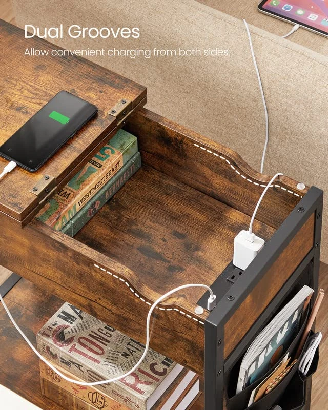 VASAGLE Side Table With Storage, End Table With USB Ports And Outlets, Nightstand With Charging Station, Fabric Bags, For Living Room, Bedroom, Rustic Brown And Black ULET310B01V1 6 VASAGLE Side Table With Storage, End Table With USB Ports And Outlets, Nightstand With Charging Station, Fabric Bags, For Living Room, Bedroom, Rustic Brown And Black ULET310B01V1 - Image 6