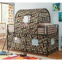 BOWERY HILL Camouflage Loft Bed With Tent Cover In Army Green -Safavieh Furniture 61NnuPut6hL
