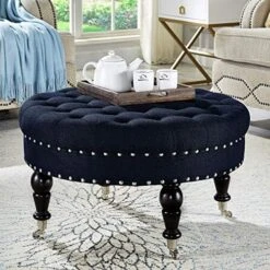 24KF Large Round Upholstered Tufted Linen Ottoman Coffee Table, Large Footrest Ottoman With Wood Shelf Storage- Navy Blue 19 24KF Large Round Upholstered Tufted Linen Ottoman Coffee Table, Large Footrest Ottoman With Wood Shelf Storage- Navy Blue -Safavieh Furniture 61P9n1DYNnL. AC