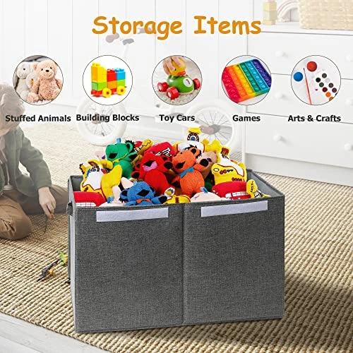 Hibobi Large Toy Box With Double Flip-Top Lid, Collapsible Sturdy Toy Chest Storage Bins With Handles, Toy Storage Organizer For Kids Boys Girls Nursery,Playroom,Bedroom, 24.5"x13"x16", Gray 6 Hibobi Large Toy Box With Double Flip-Top Lid, Collapsible Sturdy Toy Chest Storage Bins With Handles, Toy Storage Organizer For Kids Boys Girls Nursery,Playroom,Bedroom, 24.5"x13"x16", Gray - Image 6