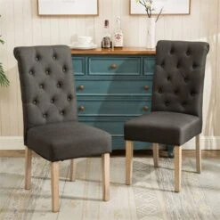 Roundhill Furniture Habit Solid Wood Tufted Parsons Charcoal Dining Chair, Set Of 2
