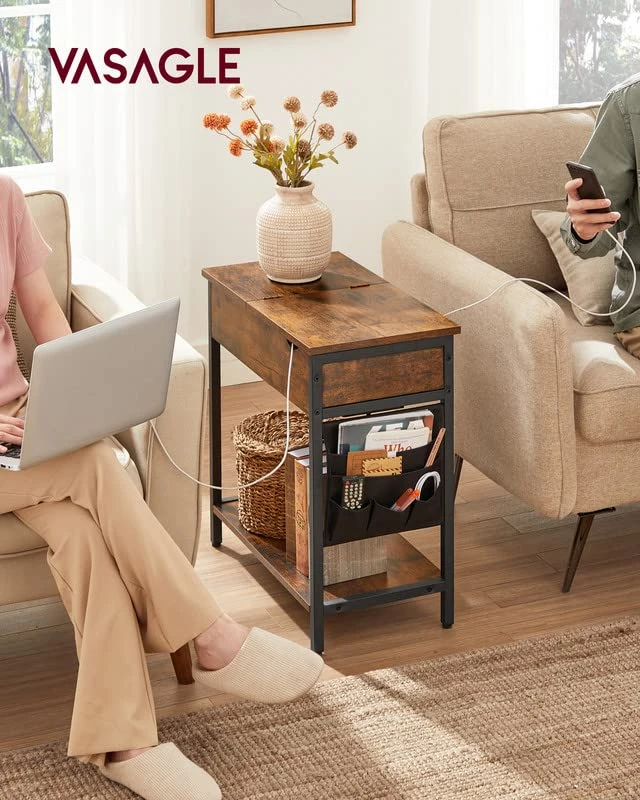 VASAGLE Side Table With Storage, End Table With USB Ports And Outlets, Nightstand With Charging Station, Fabric Bags, For Living Room, Bedroom, Rustic Brown And Black ULET310B01V1 2 VASAGLE Side Table With Storage, End Table With USB Ports And Outlets, Nightstand With Charging Station, Fabric Bags, For Living Room, Bedroom, Rustic Brown And Black ULET310B01V1 - Image 2
