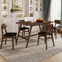 P PURLOVE 5 Piece Dining Table Set For 4,Mid-Century Table And Bench And 4 Faux Leather Dining Chairs For Home Kitchen Dining Room,Wood Kitchen Table Set For 4