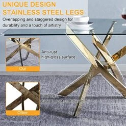 Pvillez Contemporary Glass Dining Table For 6 People, 63 Inch Rectangular Glass Kitchen Table For Dining Room Kitchen, Modern Tempered Glass Top Dining Table With Gold Stainless Steel Pedestal Base -Safavieh Furniture 61VXO5b0EFL