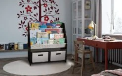 WonkaWoo Kids Sling Bookshelf Wooden Rack, 4 Levels Of Canvas Slings For Large Children Books And 2 Storage Bin Boxes For Toys Organizer, Espresso Shelf With Natural Fabric Slings