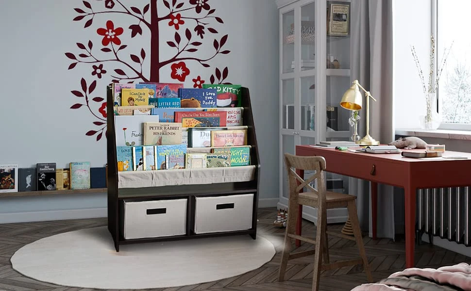 WonkaWoo Kids Sling Bookshelf Wooden Rack, 4 Levels Of Canvas Slings For Large Children Books And 2 Storage Bin Boxes For Toys Organizer, Espresso Shelf With Natural Fabric Slings 1 WonkaWoo Kids Sling Bookshelf Wooden Rack, 4 Levels Of Canvas Slings For Large Children Books And 2 Storage Bin Boxes For Toys Organizer, Espresso Shelf With Natural Fabric Slings