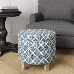 Homepop Home Decor | Upholstered Round Storage Ottoman | Ottoman With Storage For Living Room & Bedroom With Flared Legs, Navy Blue Geometric Pattern 13 Homepop Home Decor | Upholstered Round Storage Ottoman | Ottoman With Storage For Living Room & Bedroom With Flared Legs, Navy Blue Geometric Pattern -Safavieh Furniture 61ZIUFv8gML
