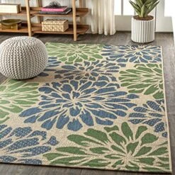 JONATHAN Y SMB110B-8 Zinnia Modern Floral Textured Weave Indoor Outdoor Area-Rug Bohemian Coastal Easy-Cleaning Bedroom Kitchen Backyard Patio Non Shedding, 8 X 10, Navy/Green -Safavieh Furniture 61k5jEMM3XL