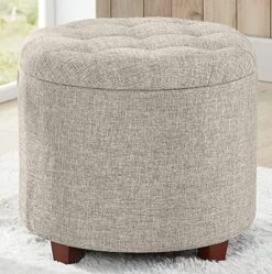 Ornavo Home Donovan Tufted Round Storage Ottoman With Removable Lid For Living Room And Bedroom - Beige Linen