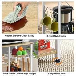 Mr IRONSTONE Bakers Rack, 35.5" Coffee Bar, 10 Hooks Microwave Stand With Wire Basket, 3-Tier Kitchen Storage Shelf, Kitchen Stand For Spice Rack Organizer Workstation, White Oak -Safavieh Furniture 61mSWT3GNyL