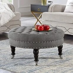 24KF Large Round Upholstered Tufted Linen Ottoman Coffee Table, Large Footrest Ottoman With Wood Shelf Storage- Navy Blue 27 24KF Large Round Upholstered Tufted Linen Ottoman Coffee Table, Large Footrest Ottoman With Wood Shelf Storage- Navy Blue -Safavieh Furniture 61pxspo9jnL. AC