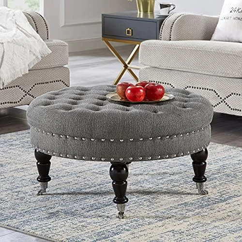 24KF Large Round Upholstered Tufted Linen Ottoman Coffee Table, Large Footrest Ottoman With Wood Shelf Storage- Navy Blue 13 24KF Large Round Upholstered Tufted Linen Ottoman Coffee Table, Large Footrest Ottoman With Wood Shelf Storage- Navy Blue - Image 13