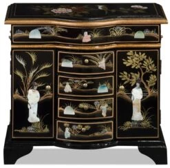 ChinaFurnitureOnline Wooden Oriental Jewelry Chest, Black Lacquer Chinoiserie With Pearl Maidens