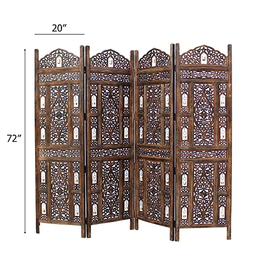 Oom Divider Wood Screen - Ghanti Bells Antique Brown - 4 Panel Folding 72 X 80 - Assembled Hand Carved Decorative Functional Versatile Portable Partition Reversible Privacy Boho - COTTON CRAFT 2 Oom Divider Wood Screen - Ghanti Bells Antique Brown - 4 Panel Folding 72 X 80 - Assembled Hand Carved Decorative Functional Versatile Portable Partition Reversible Privacy Boho - COTTON CRAFT - Image 2